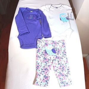 NWT Carter's Matching Set Onesies Pants Owl Graphics Baby Girl Size Newborn
